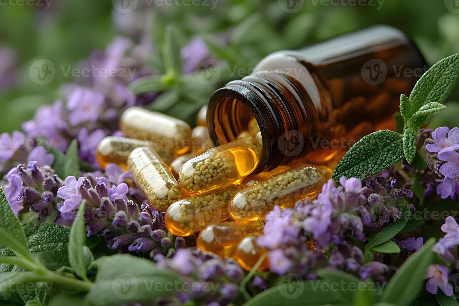 Herbal Supplement Concept with Capsules and Lavender for Holistic Wellness Design photo