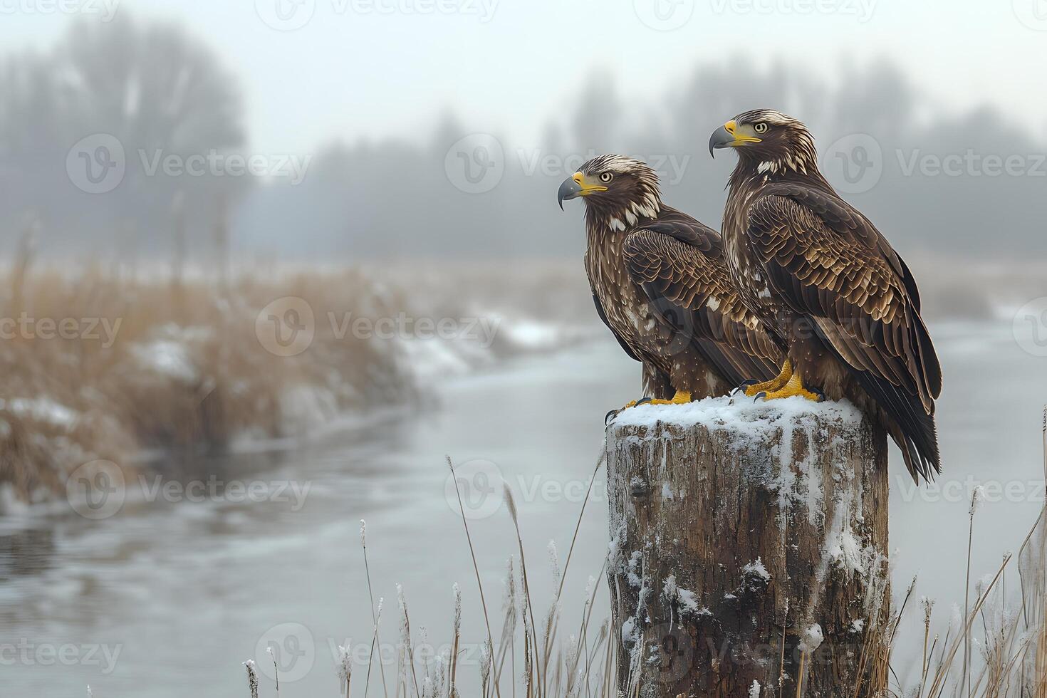 Majestic Eagles in Winter Landscape by Icy Riverbank for Wildlife Photography photo