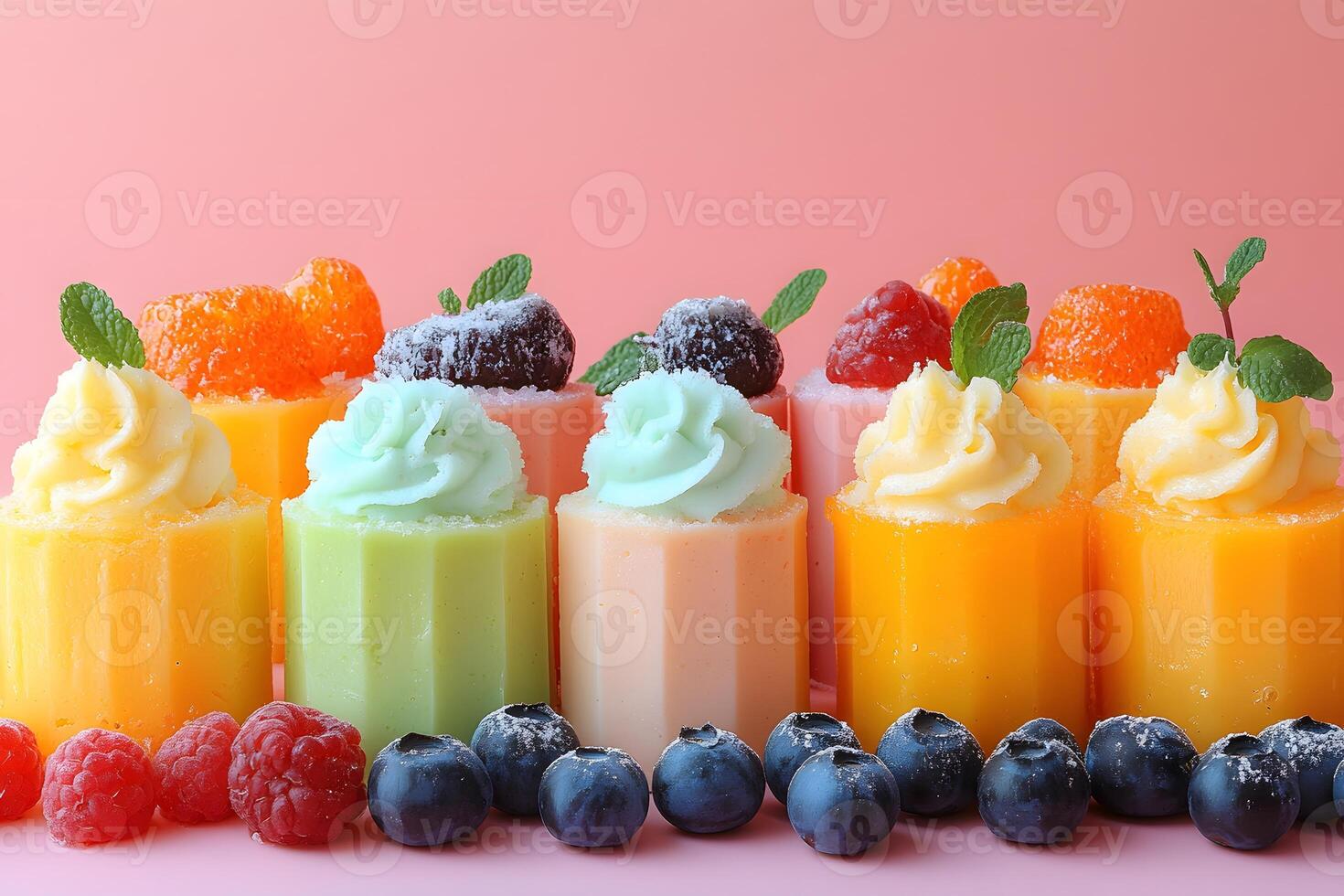Colorful Fruit and Mousse Desserts with Berries and Mint on Pink Background for Culinary Art and Summer Parties photo
