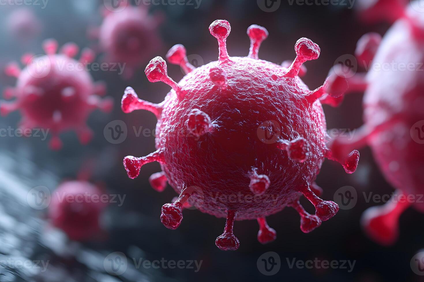 Close-Up View of Microscopic Virus Particles in 3D Rendering for Scientific Use photo
