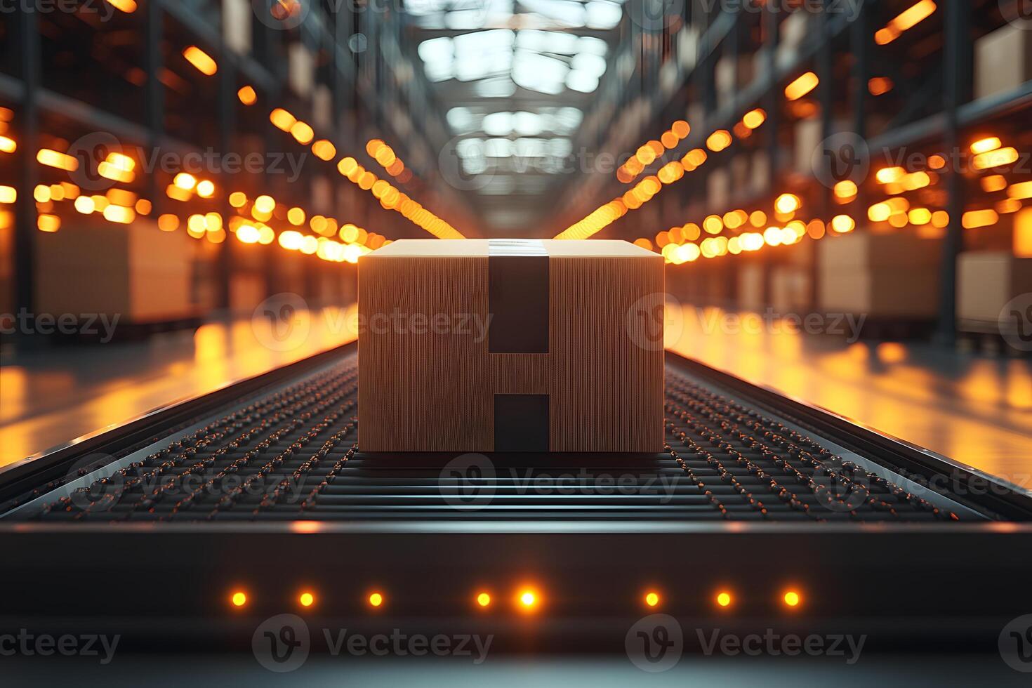 Cardboard Box on Conveyor Belt in Modern Warehouse Logistics and Shipping photo