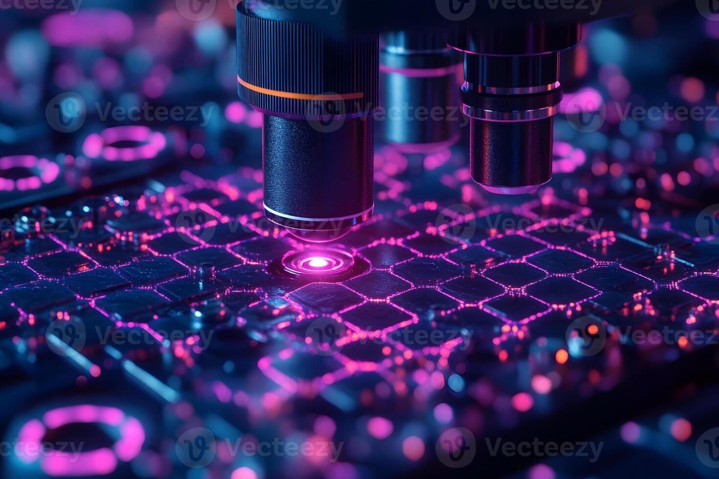 Futuristic Quantum Computing Circuit Board Under Microscope photo