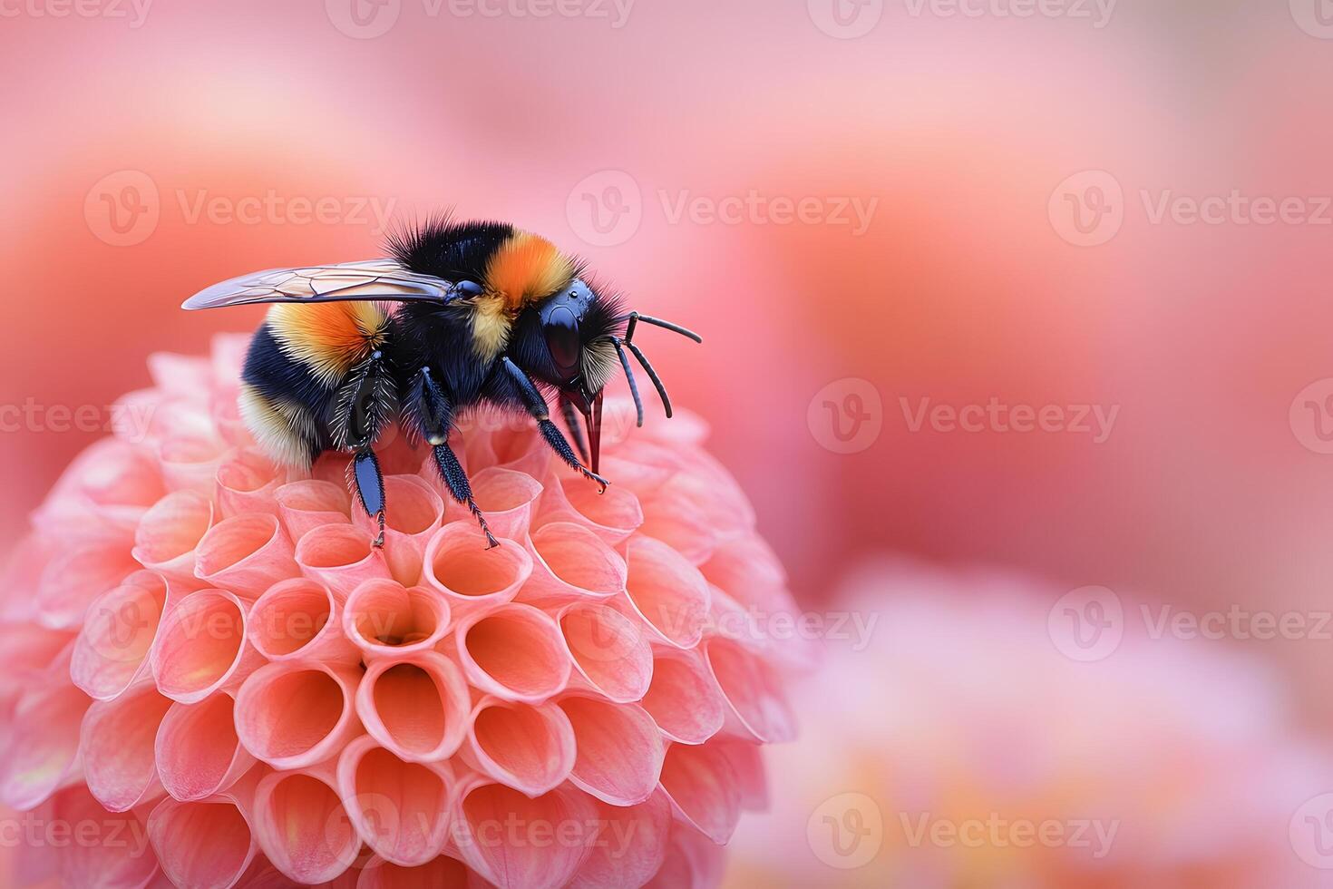 Close-Up of Bumblebee Pollinating on Vibrant Pink Dahlia for Nature and Garden Designs photo