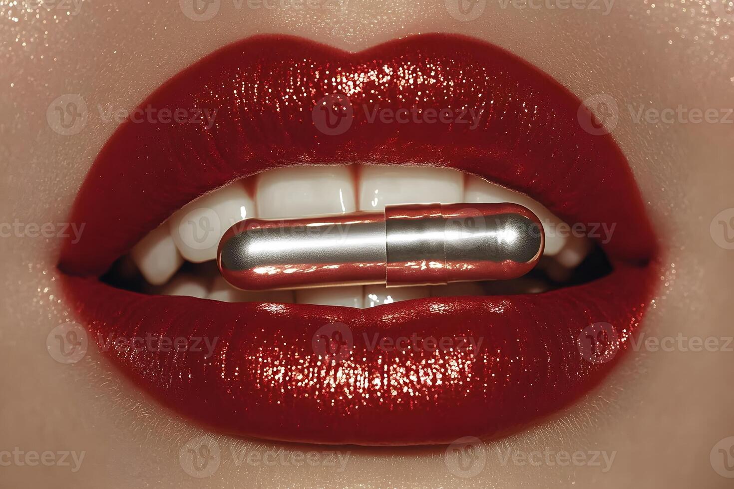 Elegant Fashion Concept with Red Glossy Lips and Metallic Capsule photo