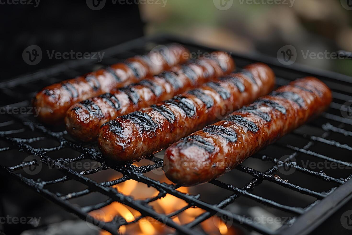 Grilled Sausages on BBQ Grill for Outdoor Summer Picnic Cooking photo