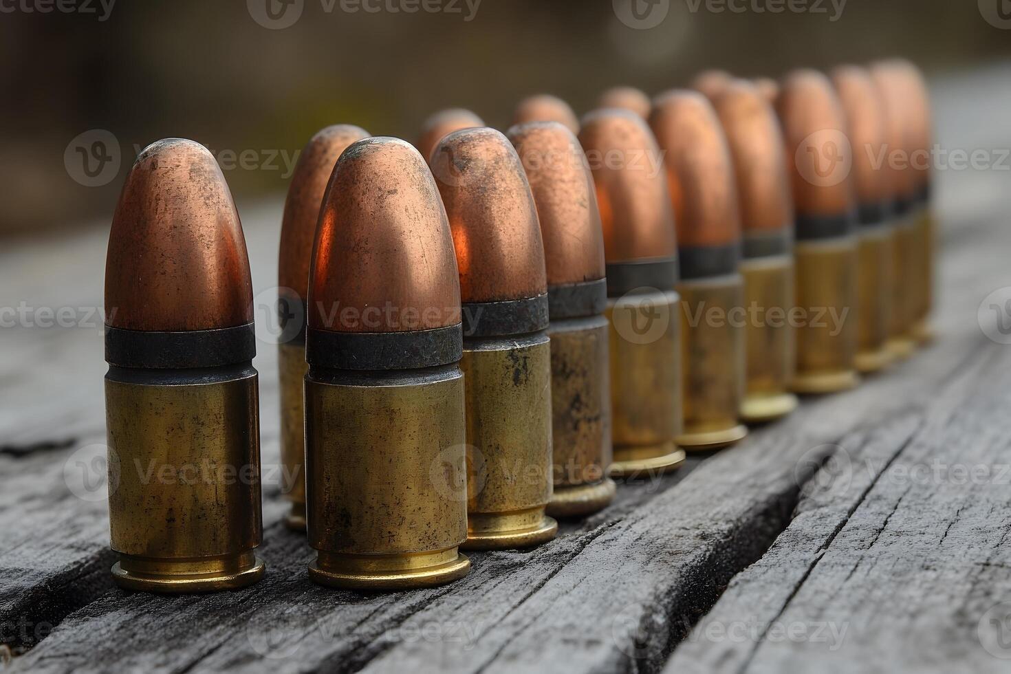 Ammunition Row on Weathered Wood Surface Bullet Display for Military and Law Enforcement Themes photo