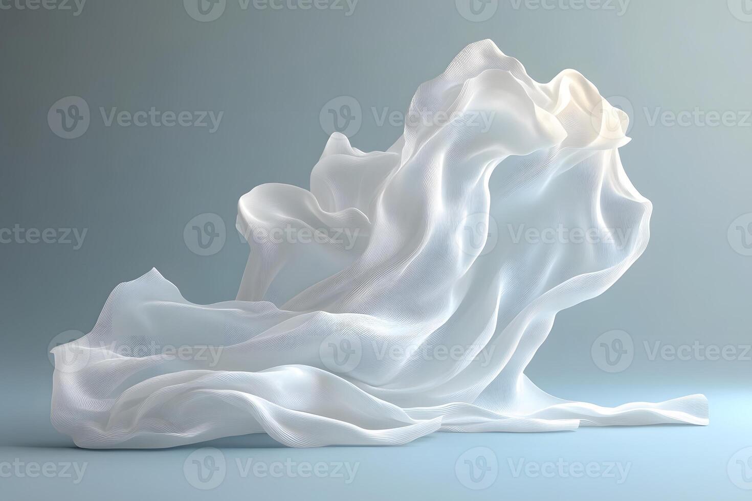 Ethereal White Fabric Flowing Elegantly Against Blue Gradient Background for Artistic Design photo