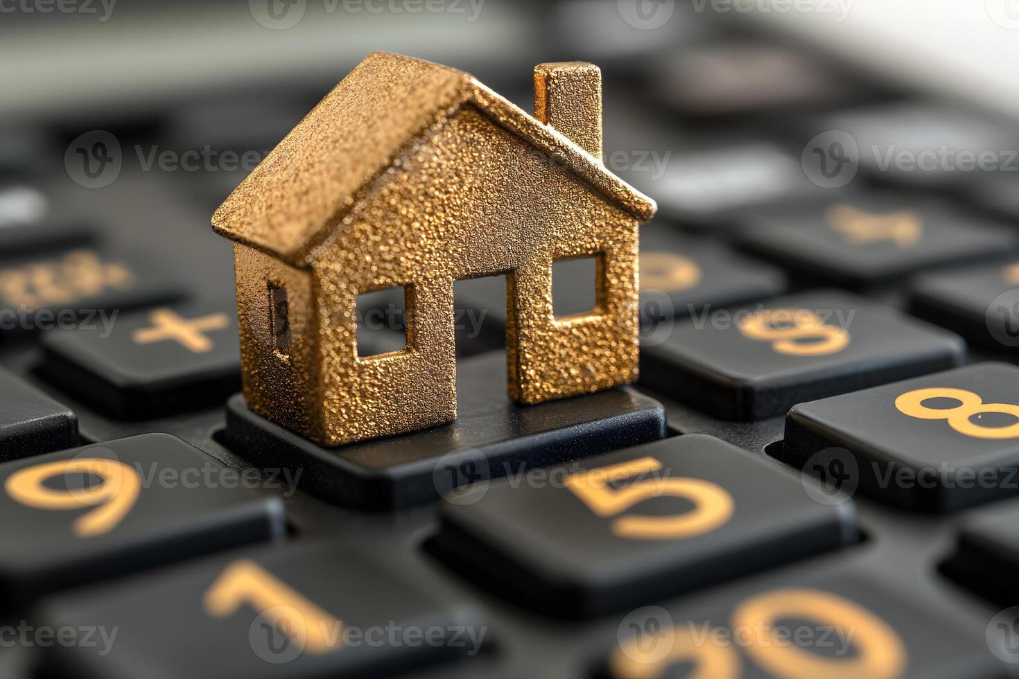 Real Estate Investment Concept Golden House Model on Calculator for Financial Planning photo