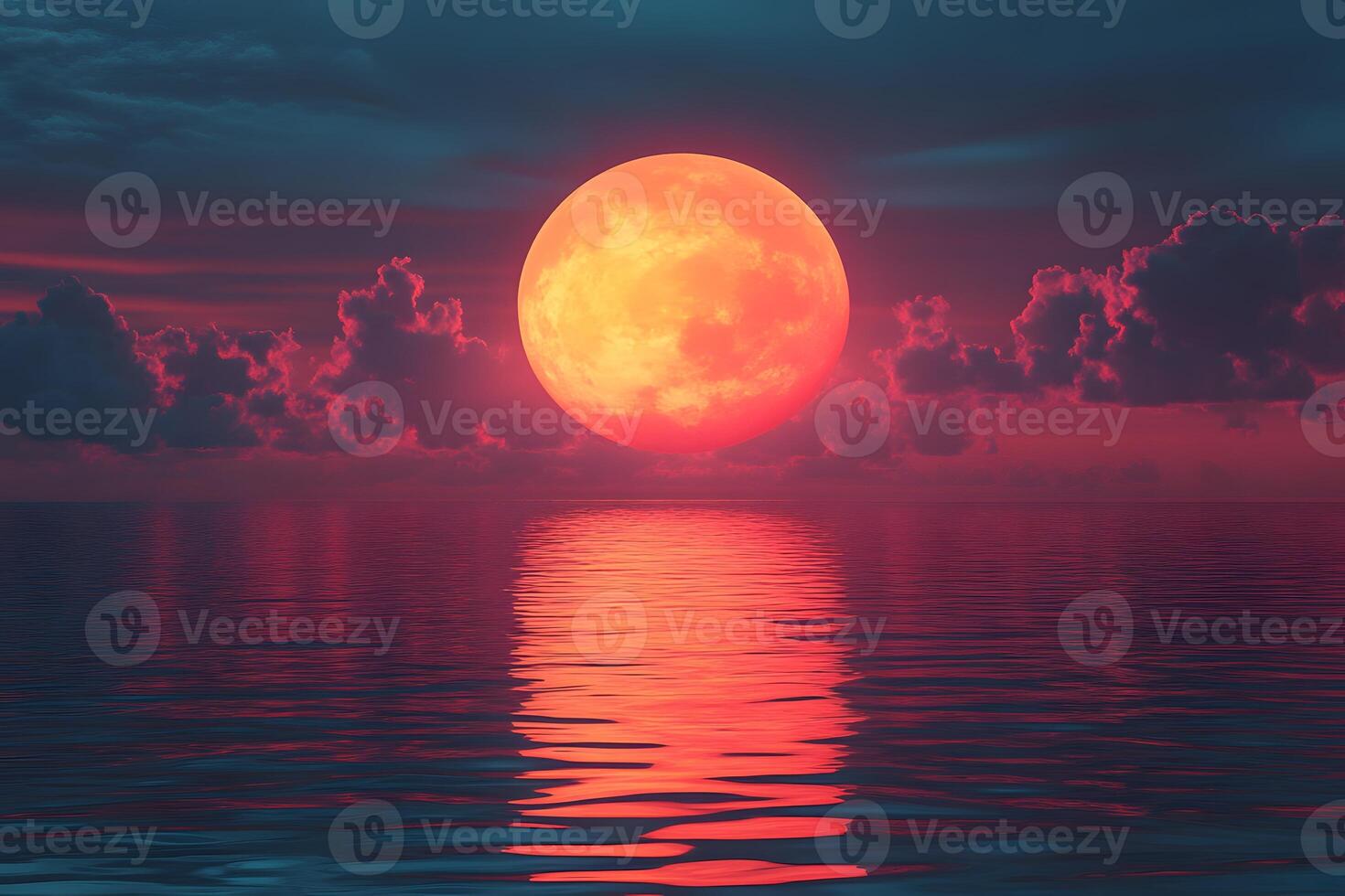 Dramatic Red Moonrise Over Ocean with Reflective Waters for Atmospheric Design photo