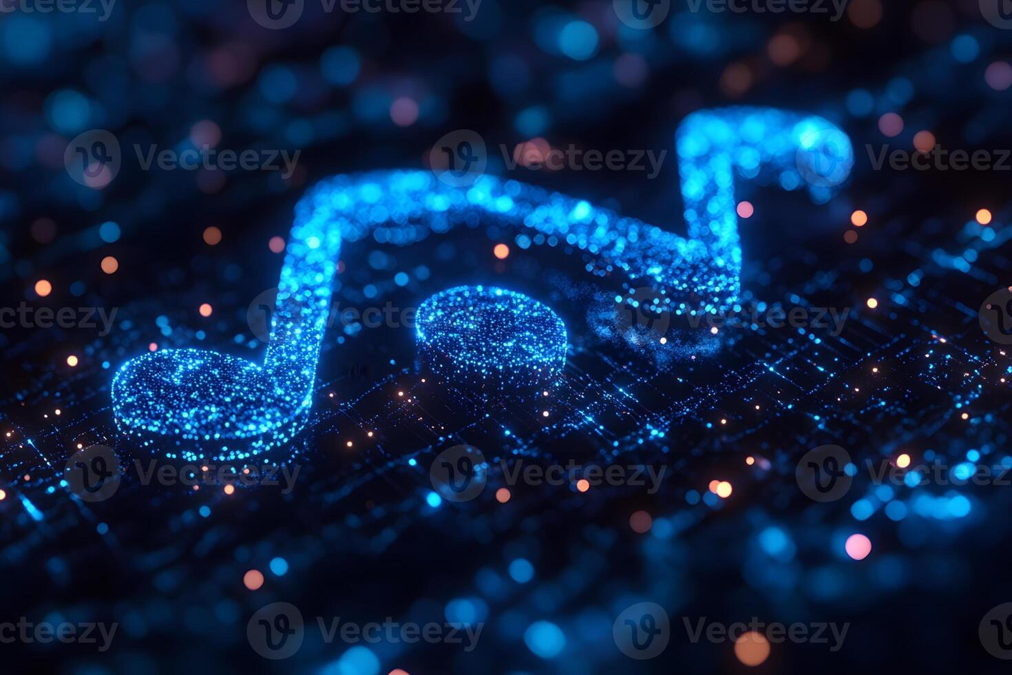 Futuristic Music Concept Glowing Blue Note in Digital Technology Grid photo