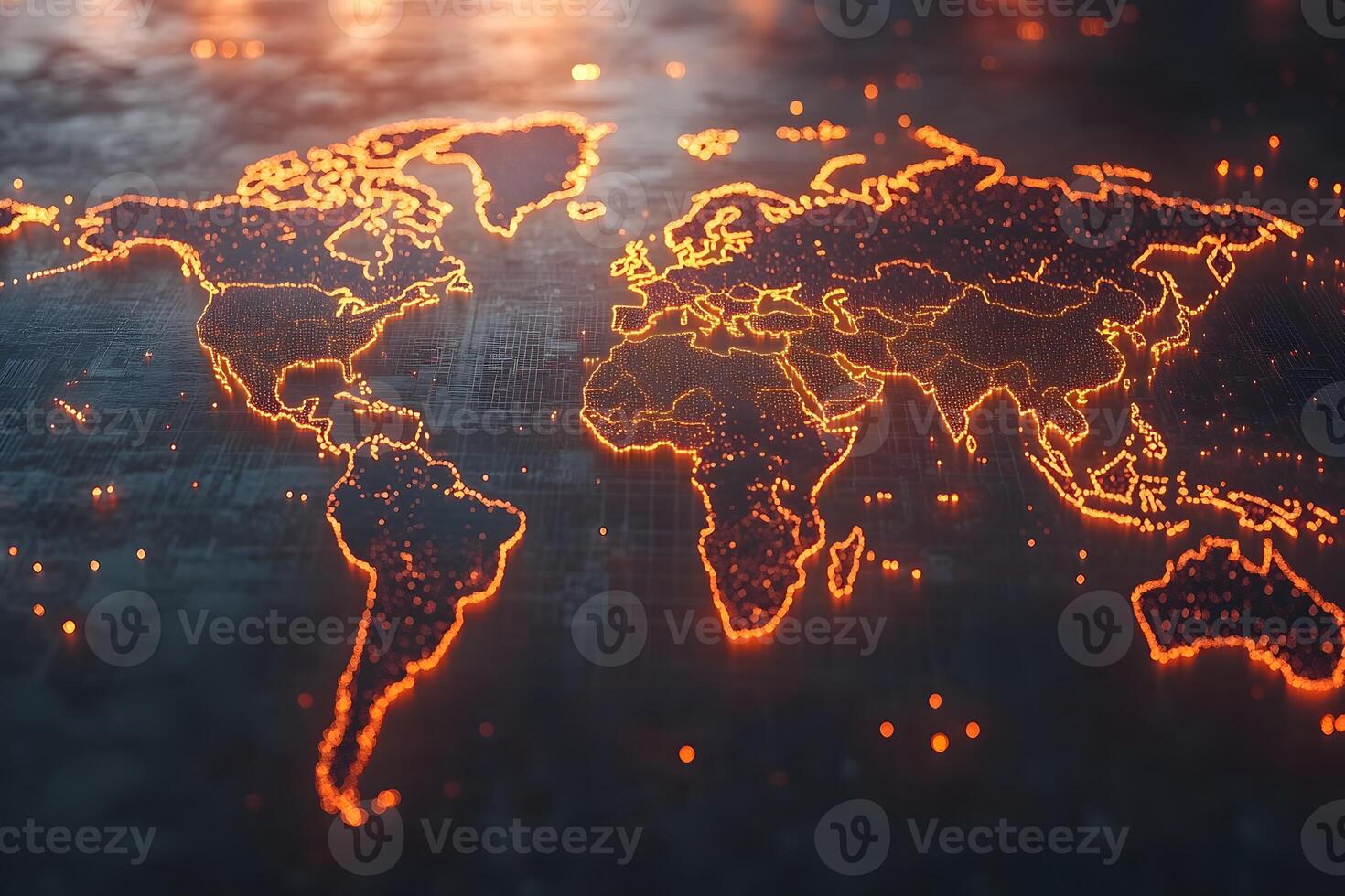 Illuminated World Map in Futuristic Digital Design for Technological Concepts photo