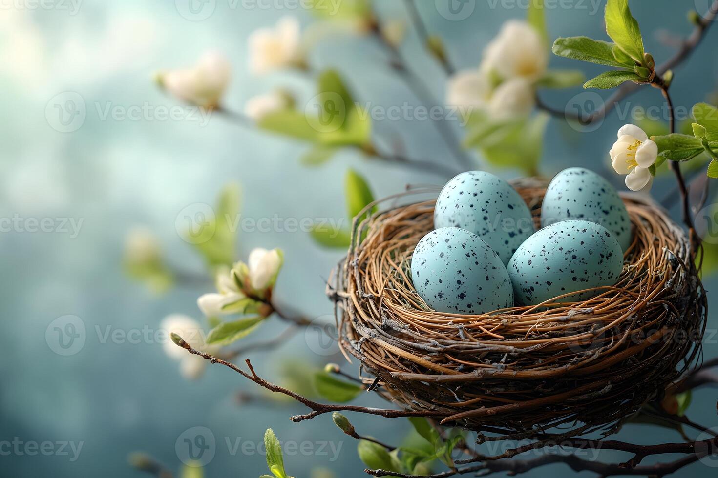 Springtime Nest with Robin's Egg Blue Eggs on Blooming Branch - Nature Concept for Easter and Renewal photo