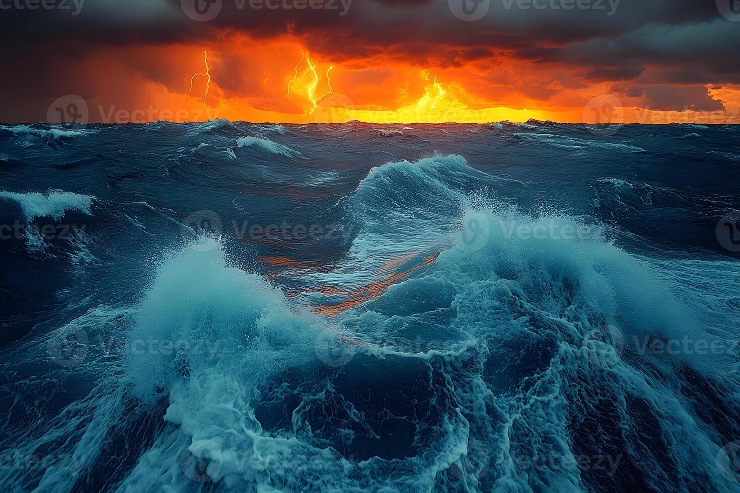 Dramatic Stormy Ocean at Sunset with Striking Lightning and Turbulent Waves photo