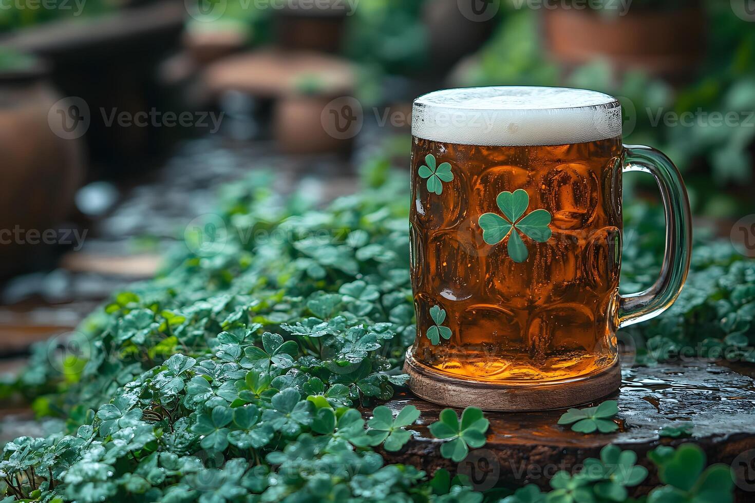 St. Patrick's Day Celebration with Clover-Adorned Beer in Lush Greenery photo