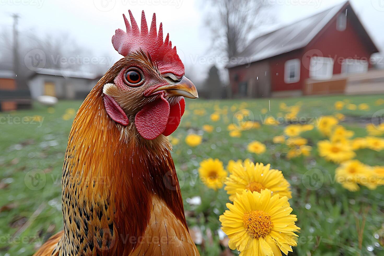 Close-up of a Rooster in Spring Meadow with Yellow Flowers Near Rustic Red Barn photo