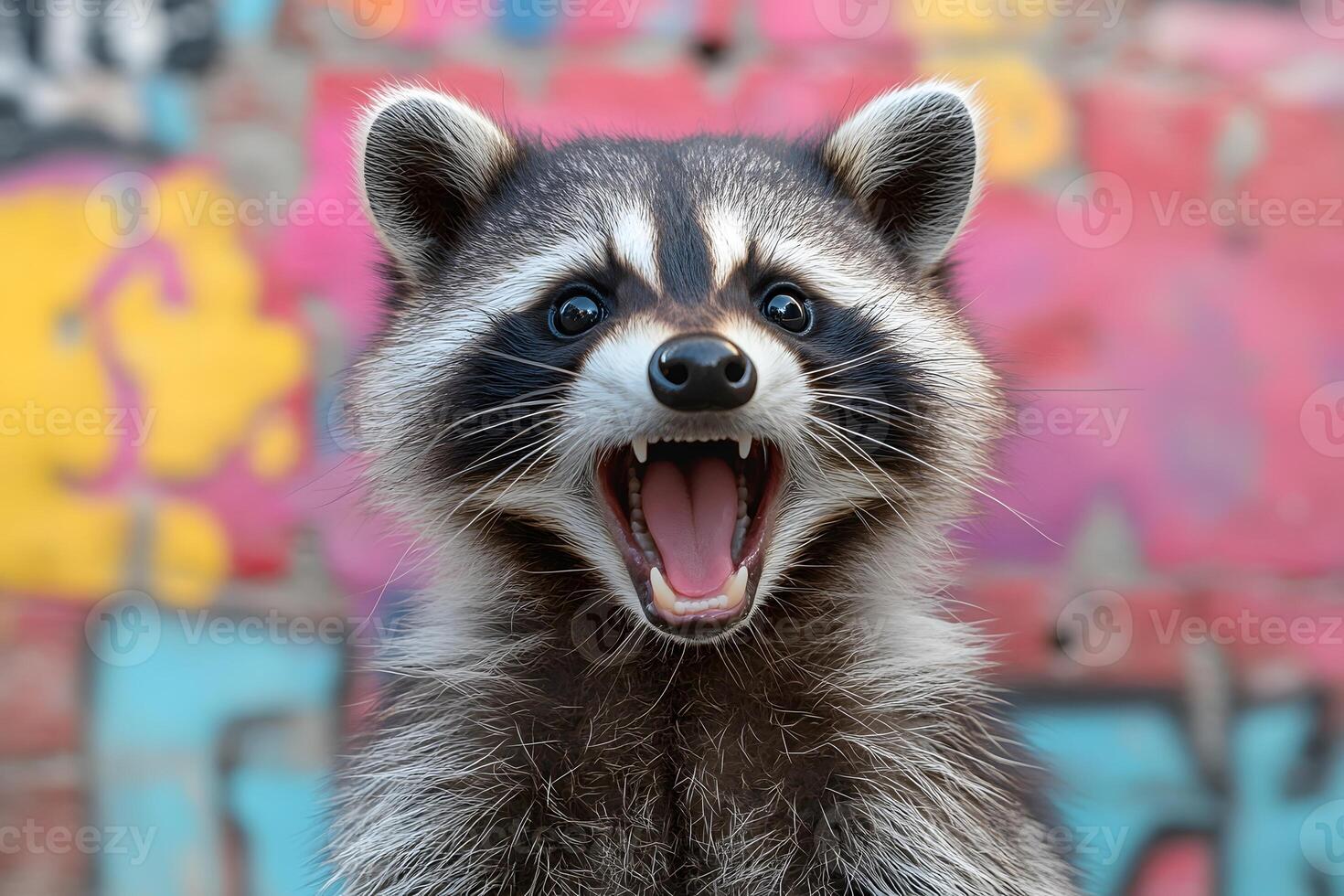 Expressive Raccoon Against Vibrant Graffiti Background for Urban Wildlife Design photo
