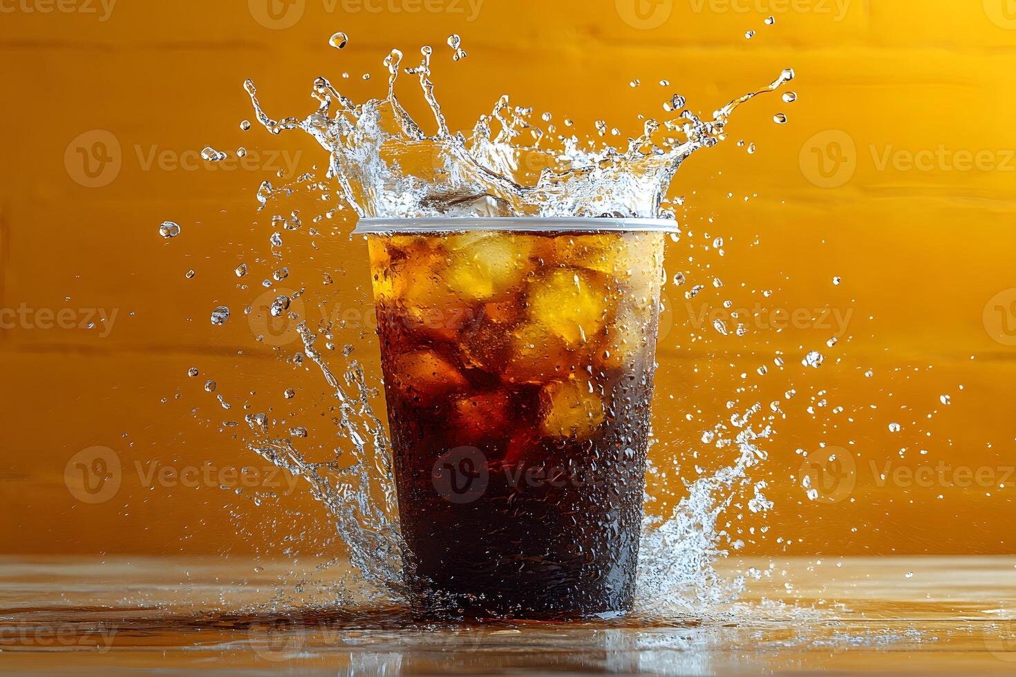 Refreshing Splash of Iced Coffee Against a Vibrant Yellow Background photo