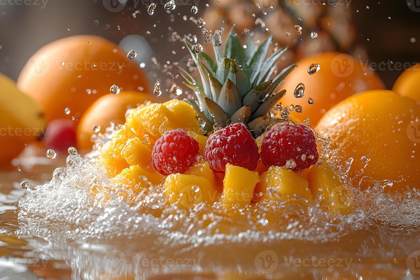 Fresh Tropical Fruit Splash with Pineapple, Raspberries, and Citrus for Vibrant Summer Design photo