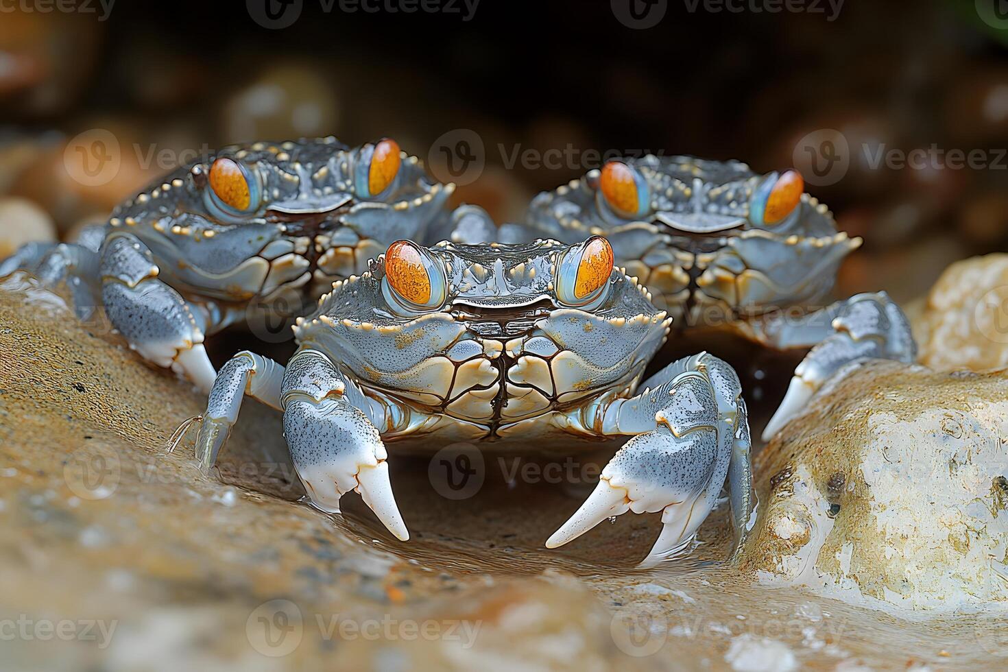 Close-Up of Three Crabs in a Rocky Coastal Habitat - Marine Wildlife Portrait for Nature Enthusiasts photo