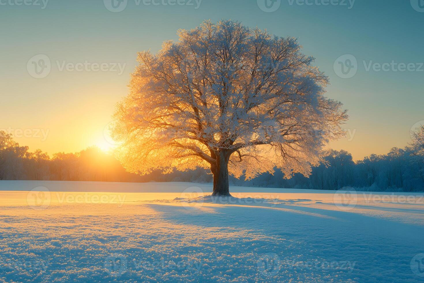 Winter Tranquility at Sunrise Serene Tree in Snow-Covered Landscape for Seasonal Wallpaper photo