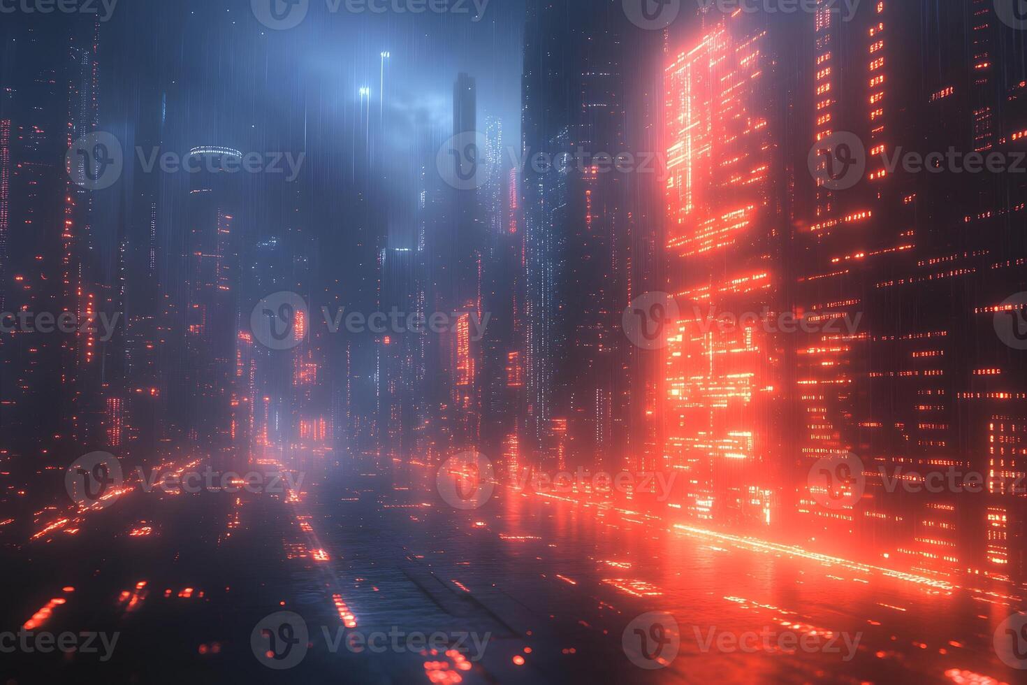 Futuristic Cyberpunk Cityscape with Neon Lights and Urban Skyscrapers for Sci-Fi Design photo