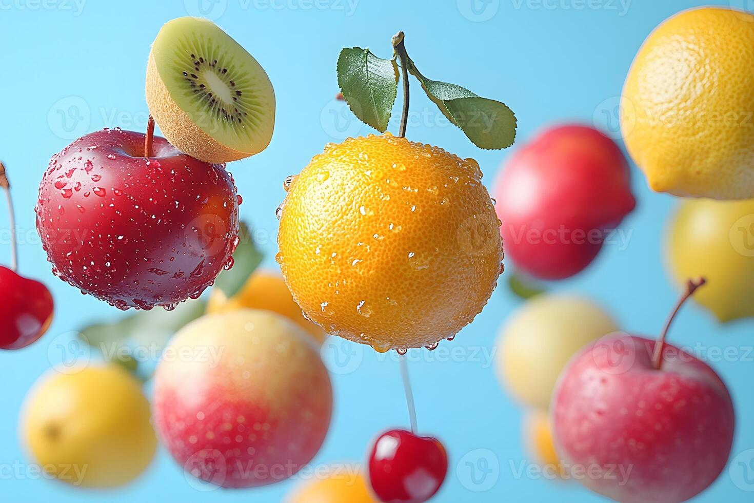 Vibrant Fresh Fruits Against Blue Sky Background for Summer Design photo