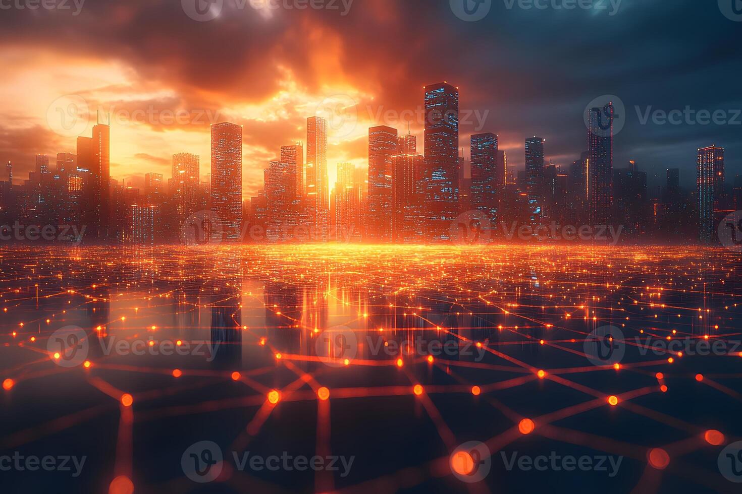 Futuristic City Skyline at Sunset with Network Grid Concept for Technology and Innovation photo