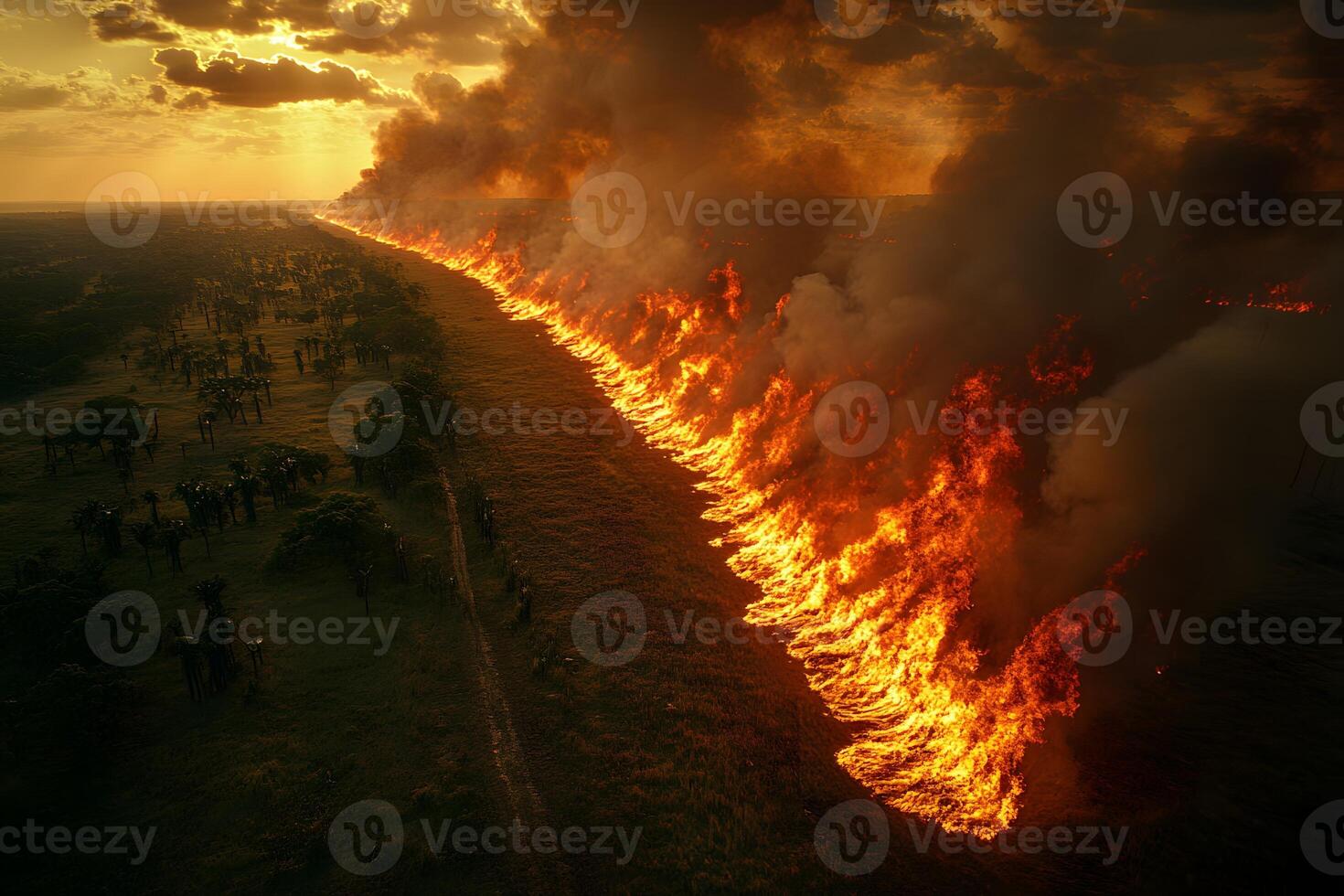 Dramatic Aerial View of Intense Forest Fire at Sunset for Environmental Awareness photo