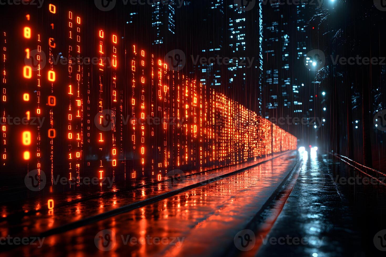 Futuristic Cyberpunk Cityscape with Digital Binary Code and Neon Lights photo