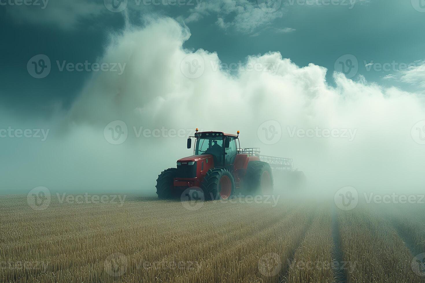 Powerful Red Tractor Cultivating Wheat Field Amidst Dramatic Foggy Landscape for Agricultural Themes photo
