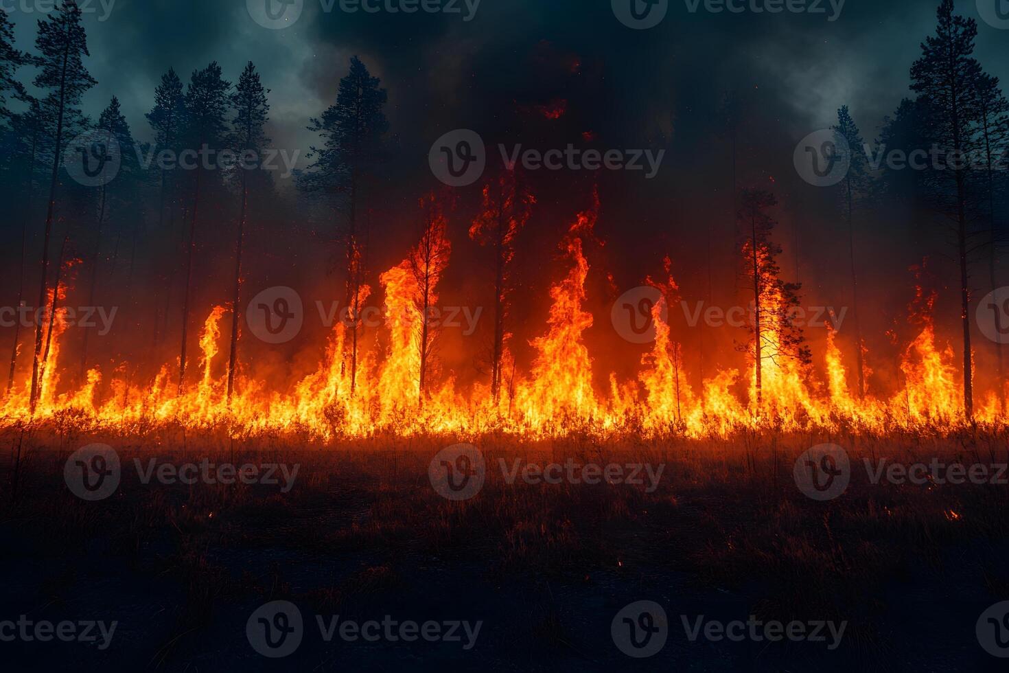 Intense Forest Wildfire at Dusk Environmental Impact and Climate Change Implications photo