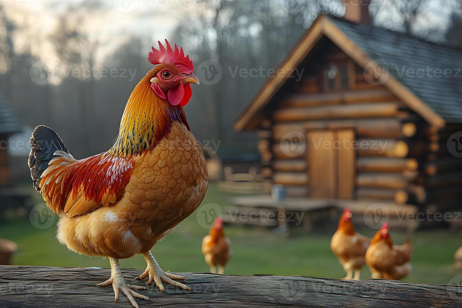 Rustic Farm Scene with Rooster and Chickens in Serene Countryside Setting photo