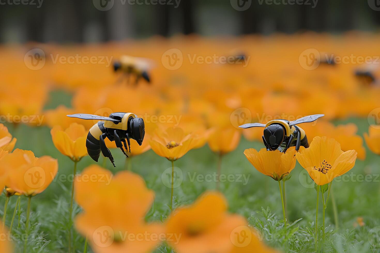 Realistic Robotic Bees Pollinating Vibrant Orange Poppy Field - Nature and Technology Fusion photo