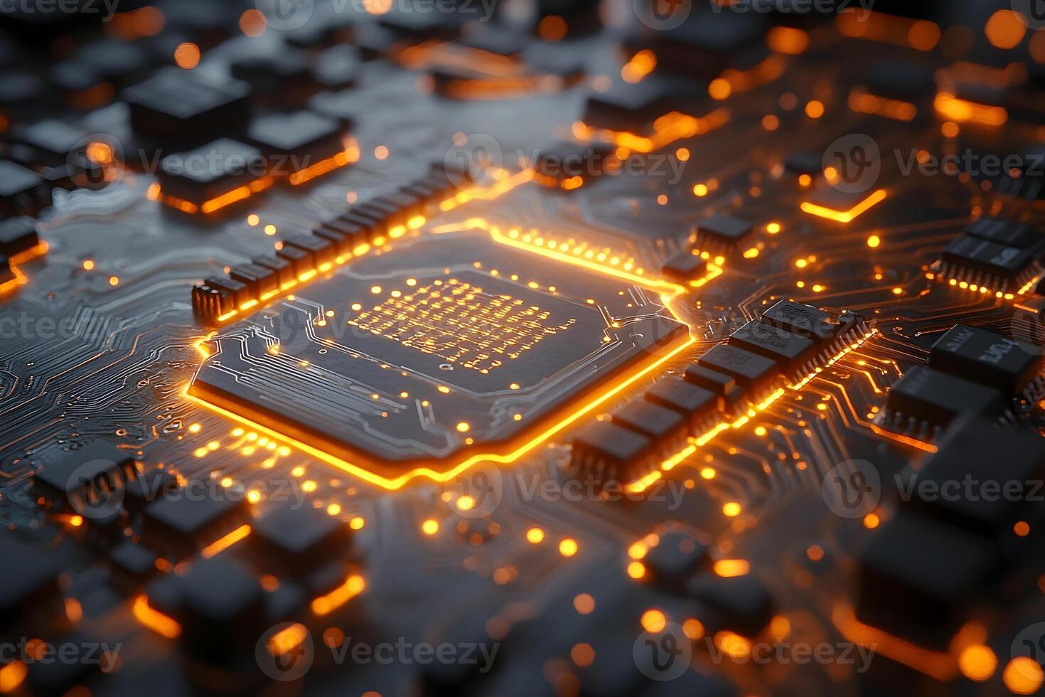 Futuristic Circuit Board Illuminated with Orange Light for Technology and Innovation Design photo