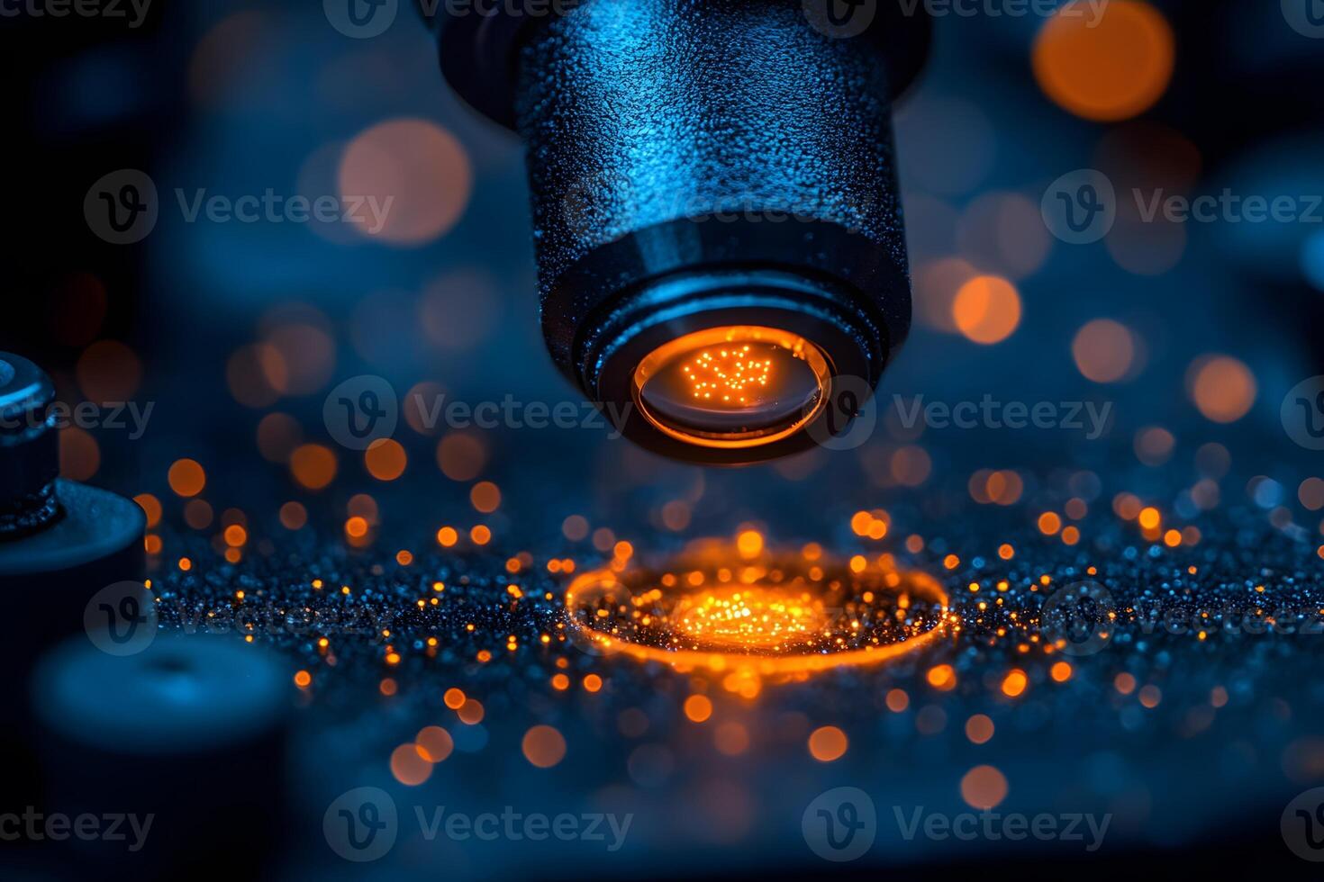 Advanced Optical Microscope Lens Focusing on Glowing Particles in Laboratory Setting for Scientific Research photo