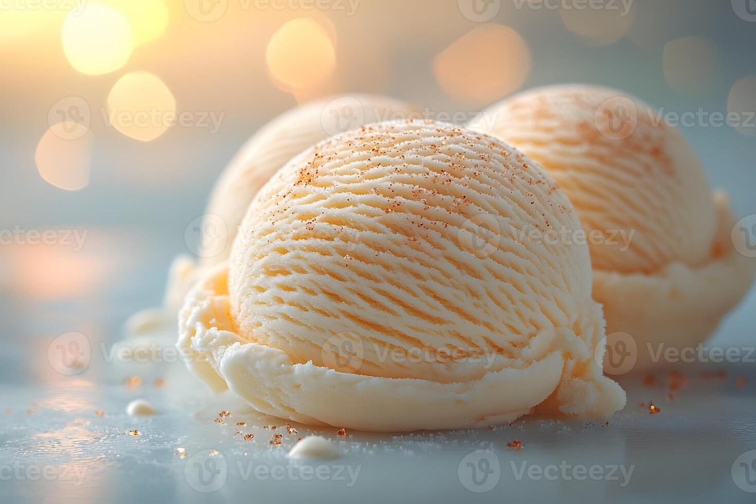 Refreshing Vanilla Ice Cream Scoops Against a Soft Bokeh Background for Summer Treat Promotion photo