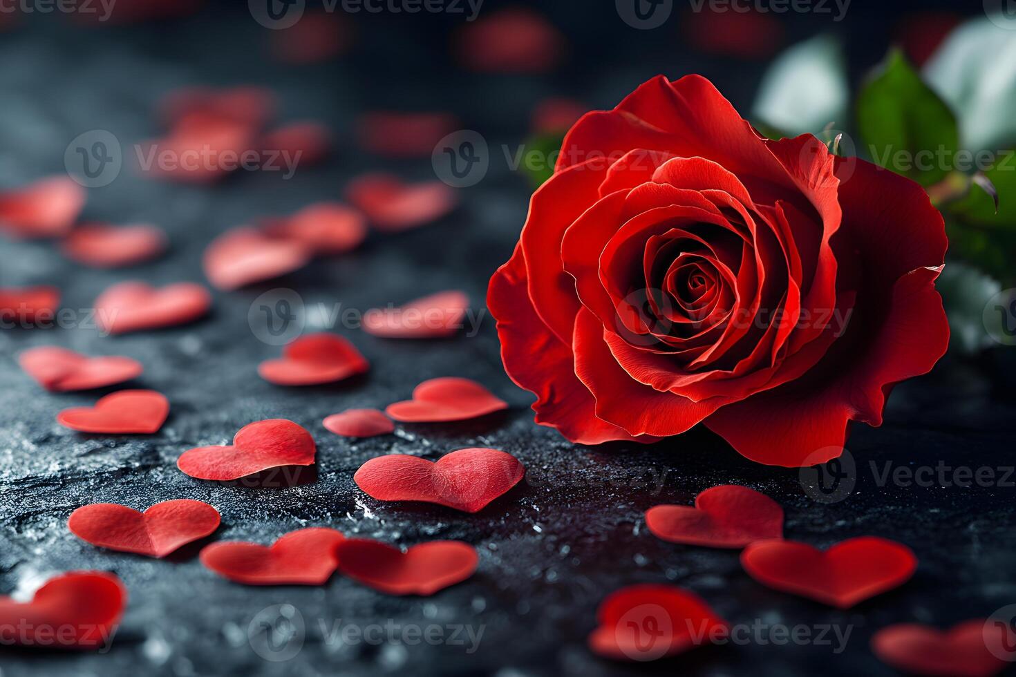 Romantic Valentine's Day Red Rose with Heart Petals on Dark Background for Card Design photo