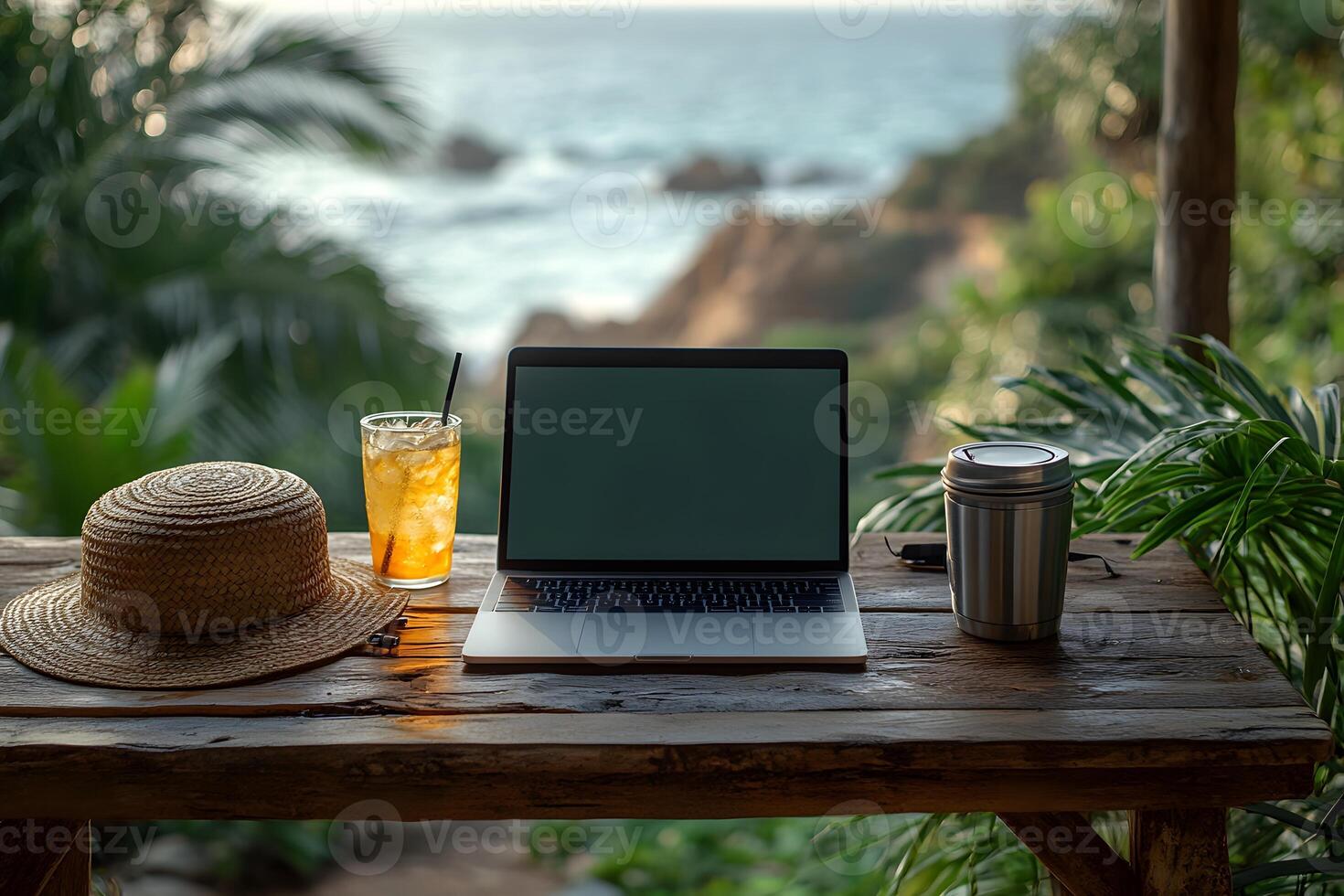 Remote Work Paradise Laptop and Refreshments With Ocean View for Casual Freelance Productivity photo