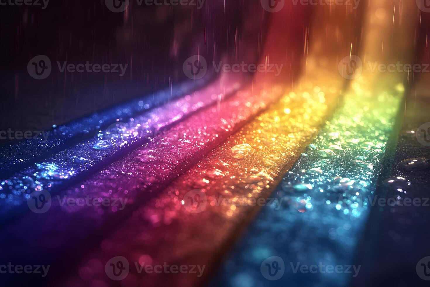 Vibrant Rainbow Pathway with Reflective Water Droplets in Soft Focus photo