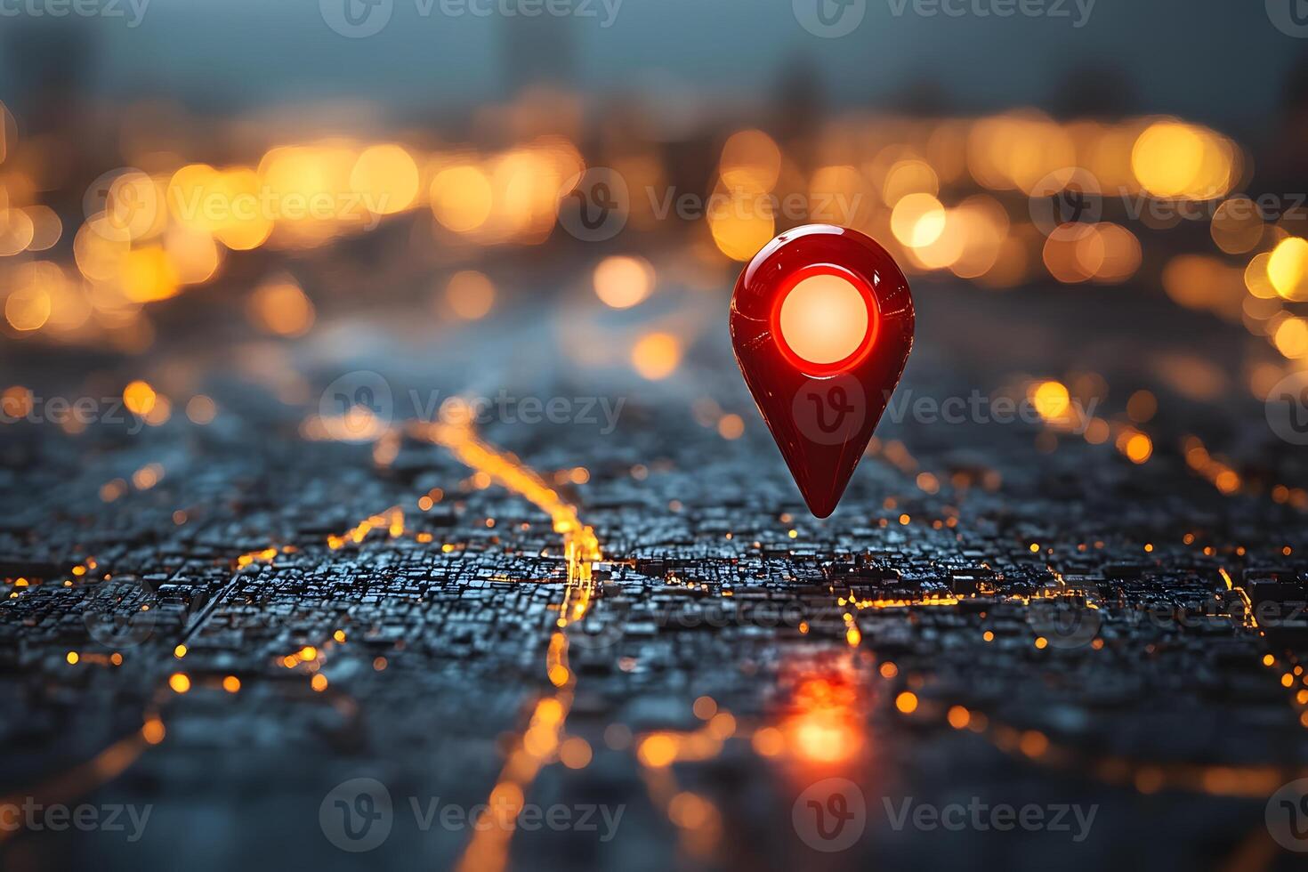 Navigation Technology Concept GPS Map Pin Over Elevated Urban Nightscape for Digital Graphics photo