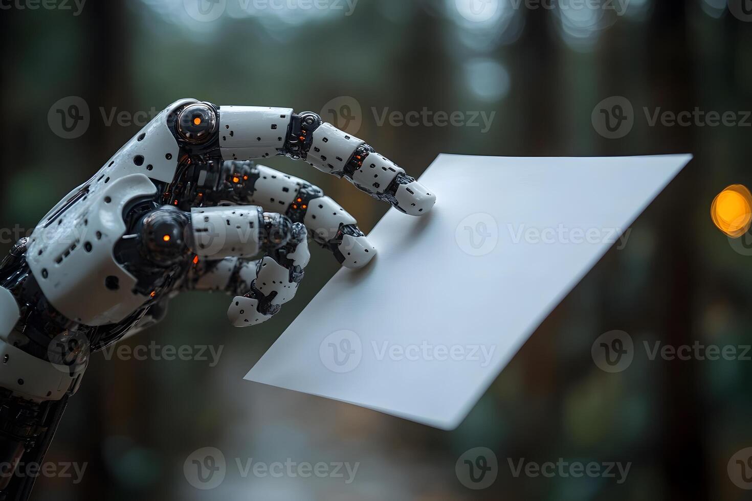 Futuristic Robotic Hand Holding Paper in Forest Setting Concept of Technology and Nature Integration photo