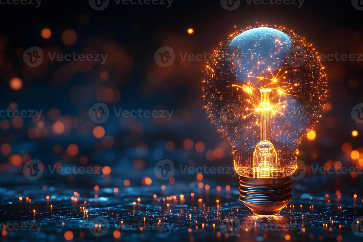Technology Concept with Glowing Light Bulb and Digital Network Background photo