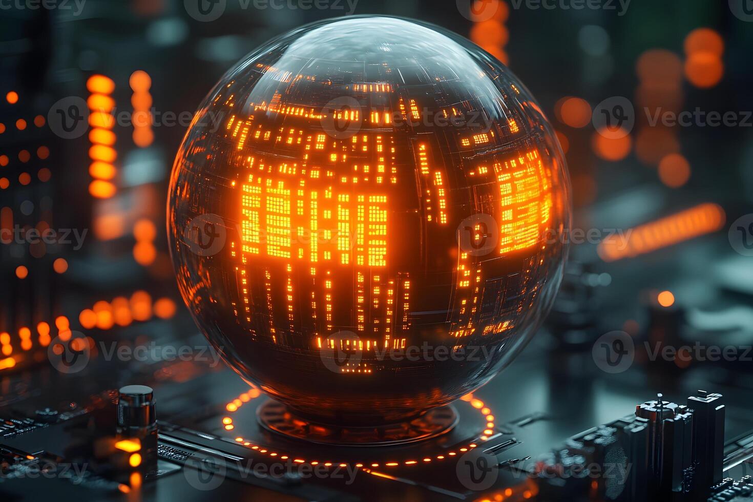 Futuristic Technology Concept with Glowing Sphere on Circuit Board for Digital Innovation Design photo
