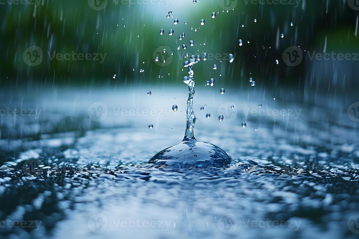 Dramatic Raindrop Splash in Puddle - Nature's Intensity and Motion in Rainy Weather photo