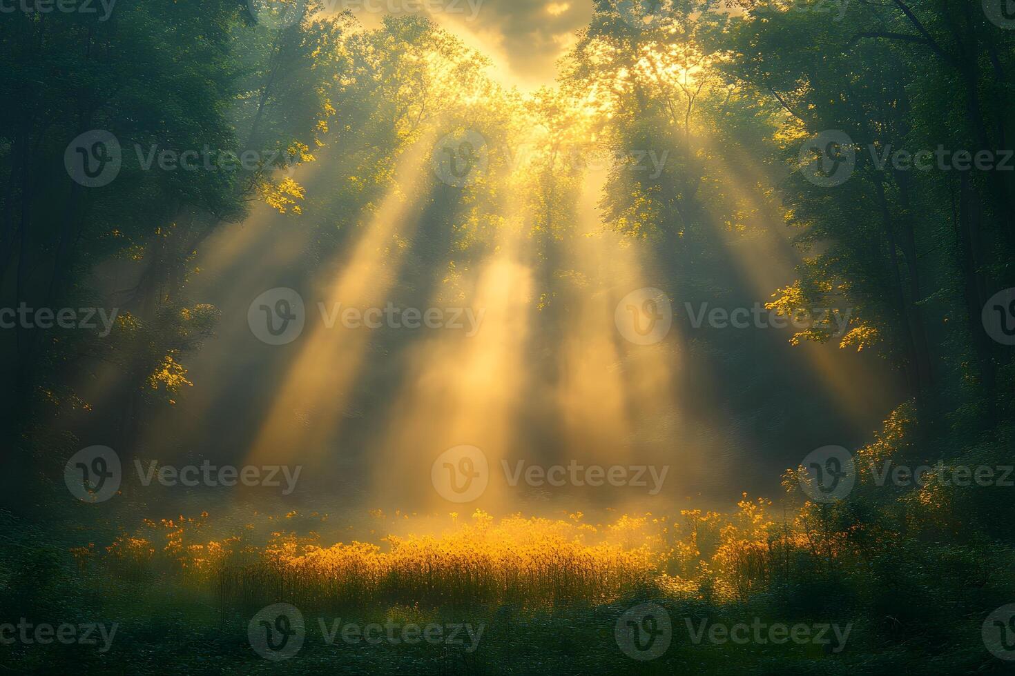 Sunlit Forest Scene with Golden Light Beams in Serene Natural Setting photo