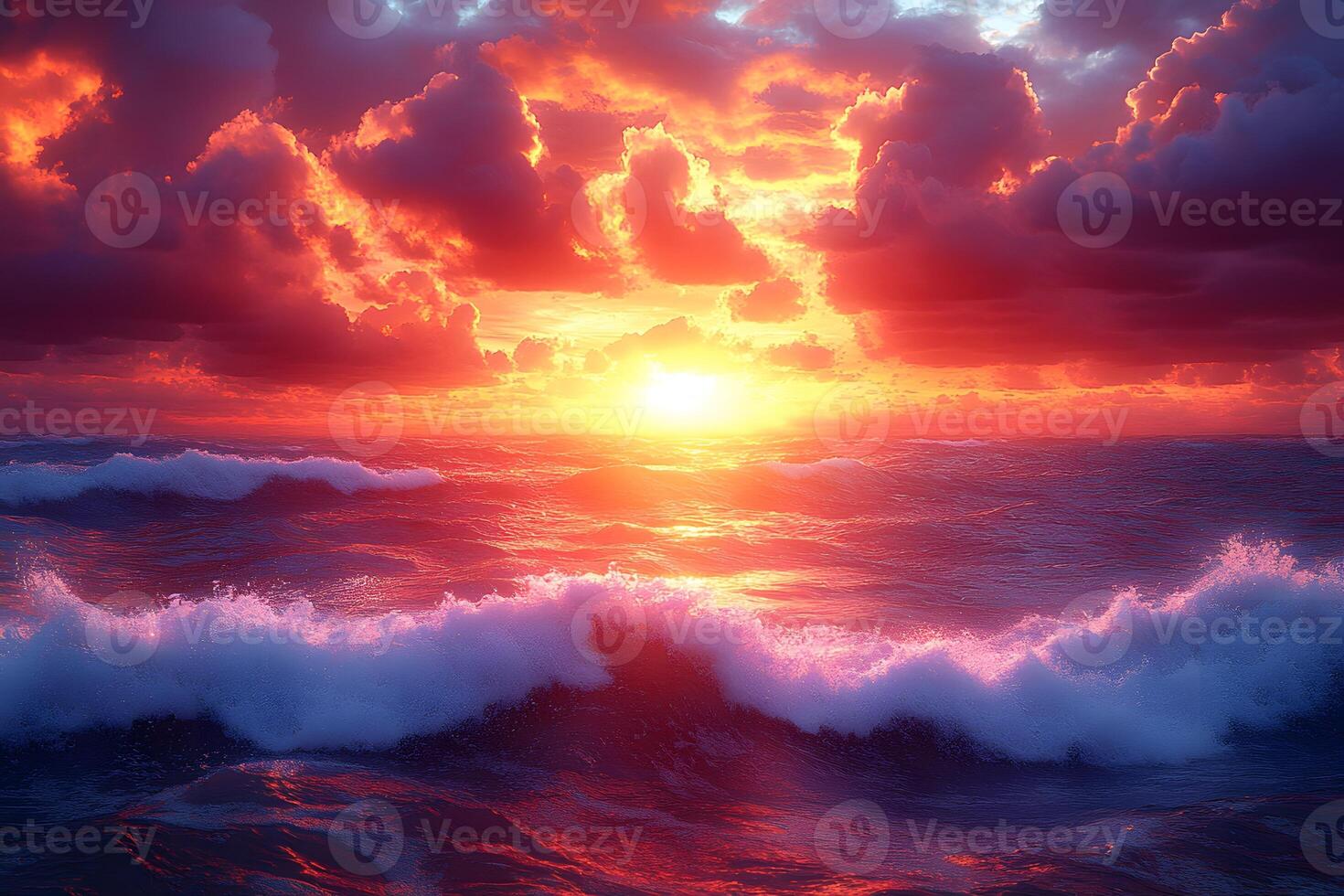 Dramatic Ocean Sunset with Vibrant Clouds and Waves for Inspirational Prints photo