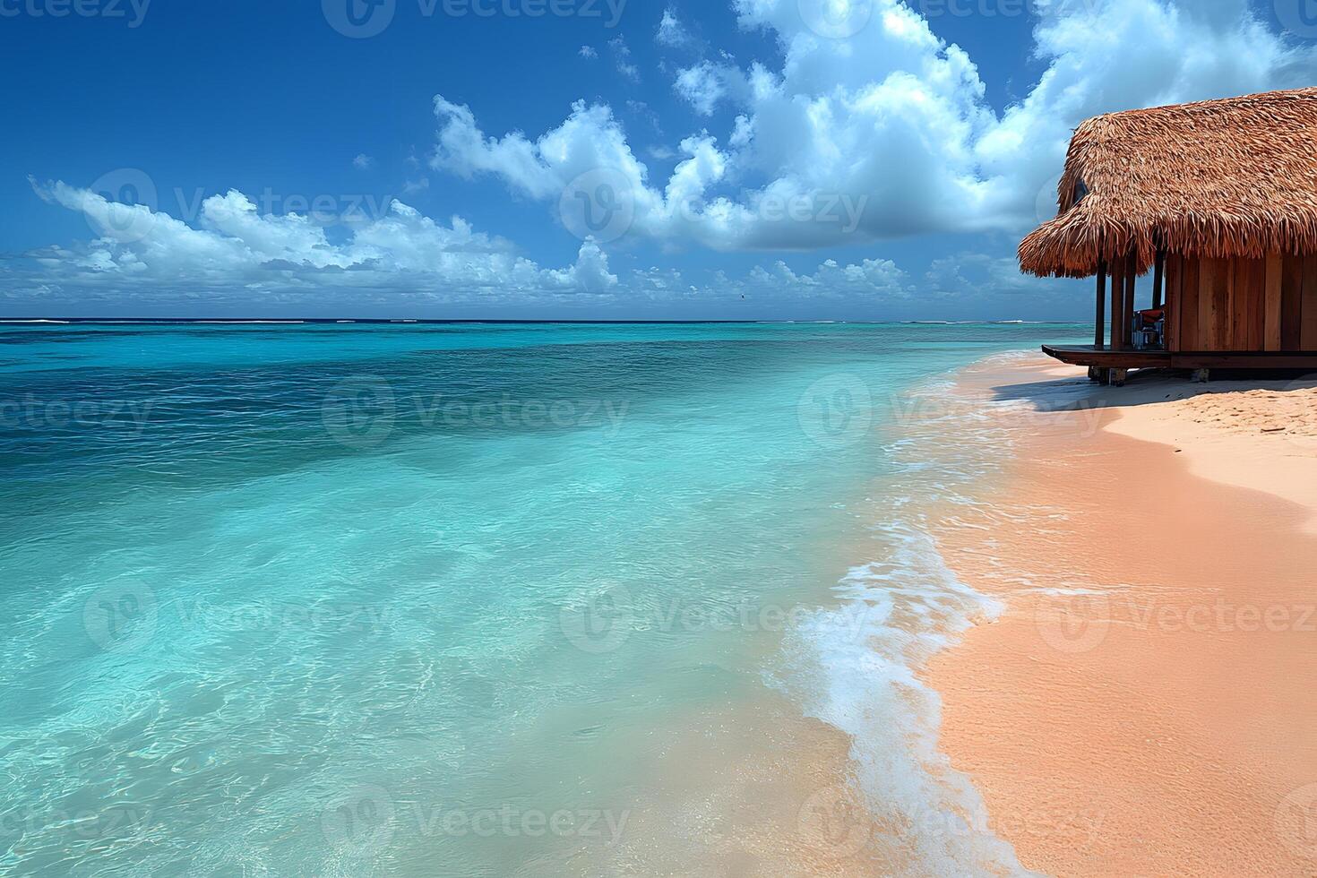 Tropical Beach Paradise with Crystal Clear Waters and Thatched Hut for Perfect Relaxation photo