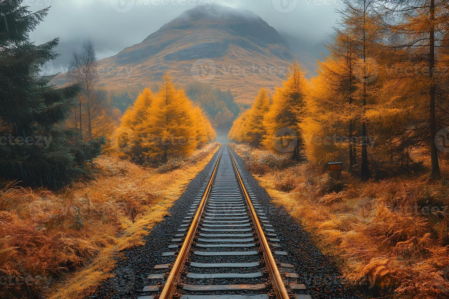Enchanting Autumn Railway Landscape with Vibrant Foliage in Misty Highlands photo