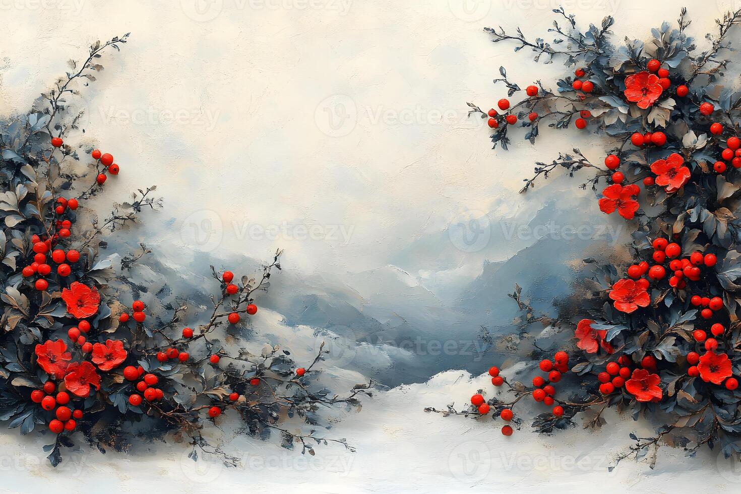 Winter Floral Design with Red Blossoms and Berries for Seasonal Decor and Holiday Cards photo