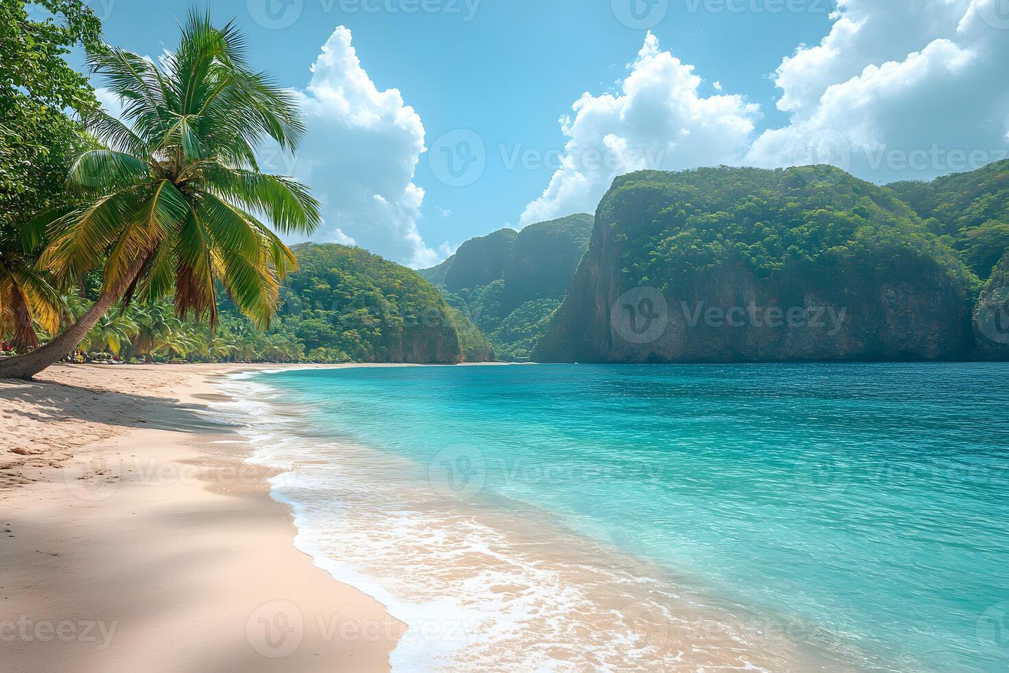 Tropical Paradise Beach with Crystal Clear Water and Lush Green Cliffs for Travel and Vacation Concepts photo